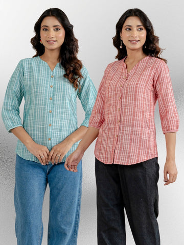 Dark Green & Dark Red Striped Shirts Combo