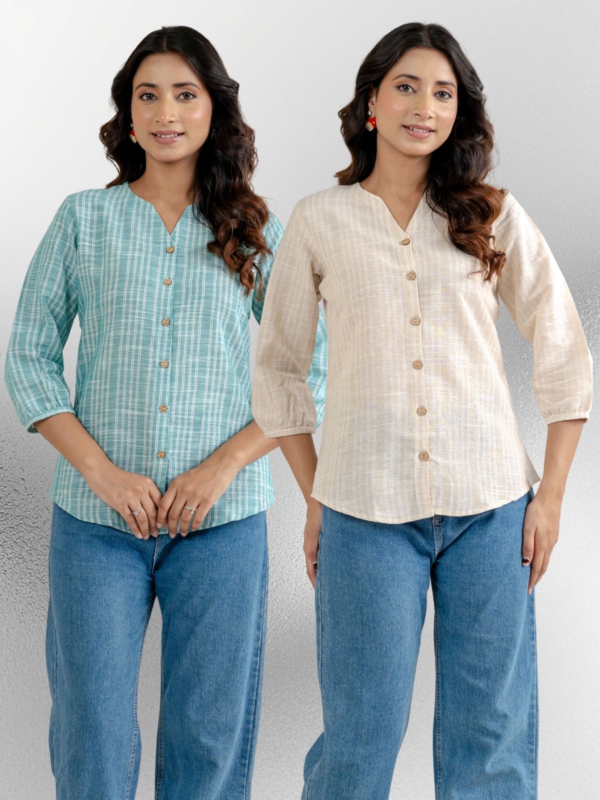 Dark Green & Light Brown Striped Shirts Combo