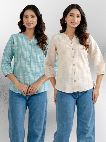 Dark Green & Light Brown Striped Shirts Combo