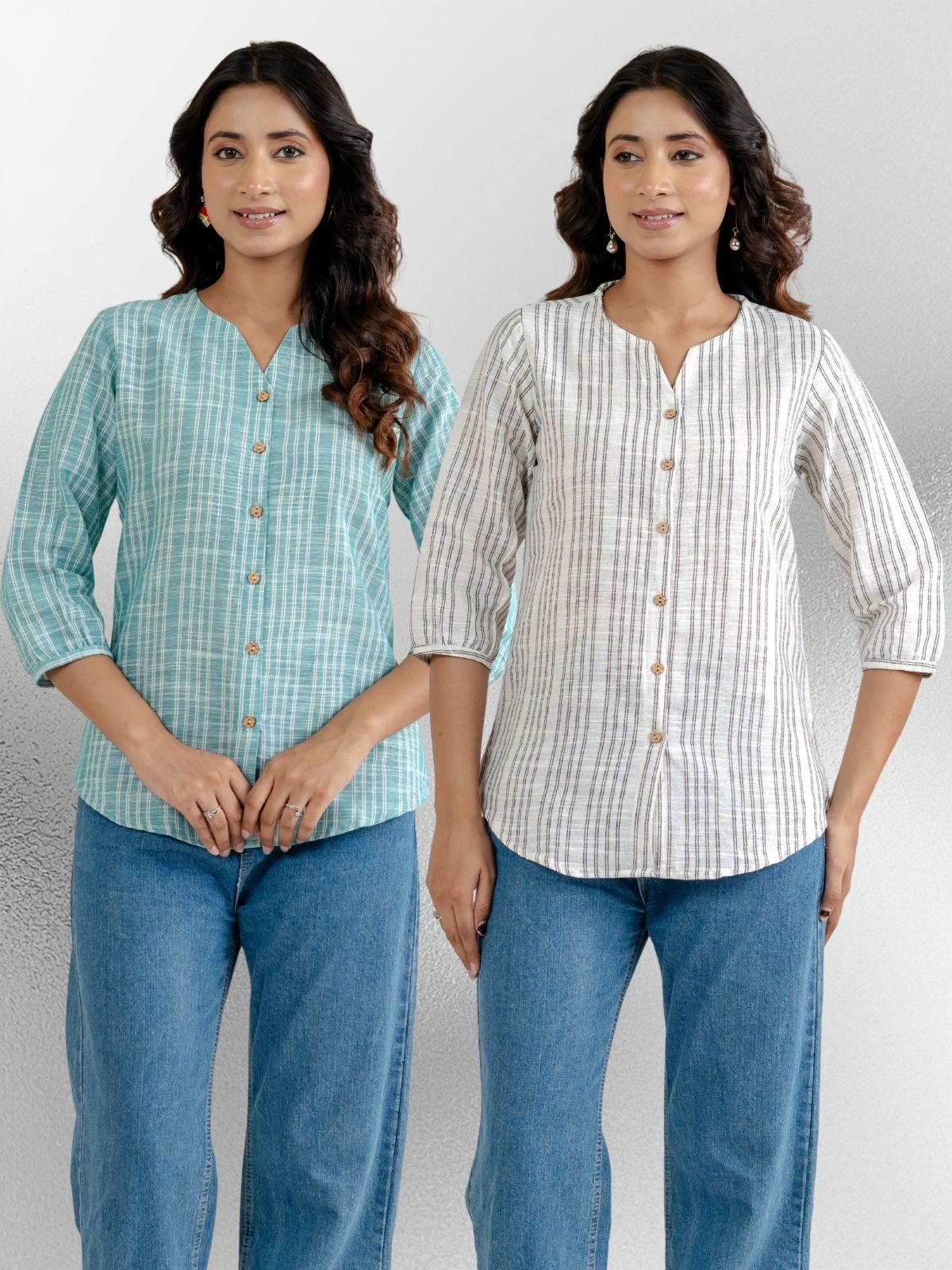 Dark Green & Light Grey Striped Shirts Combo