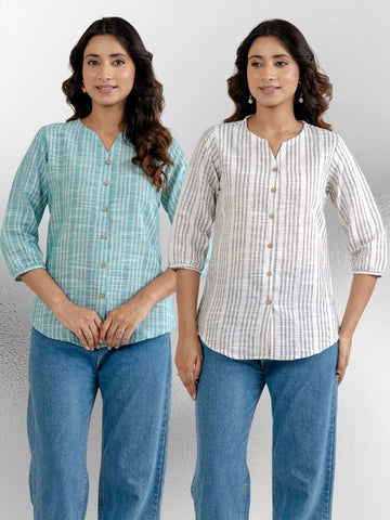 Dark Green & Light Grey Striped Shirts Combo