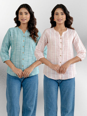Dark Green & Light Pink Striped Shirts Combo