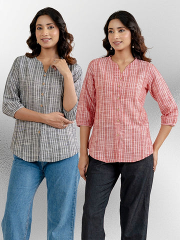 Dark Grey & Dark Red Striped Shirts Combo