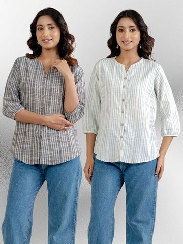 Dark Grey & Light Green Striped Shirts Combo