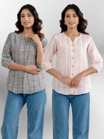 Dark Grey & Light Pink Striped Shirts Combo
