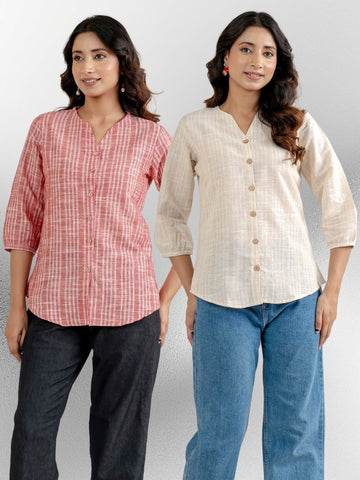 Dark Red & Light Brown Striped Shirts Combo