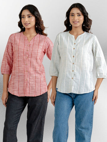 Dark Red & Light Green Striped Shirts Combo