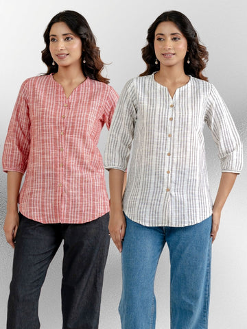 Dark Red & Light Grey Striped Shirts Combo