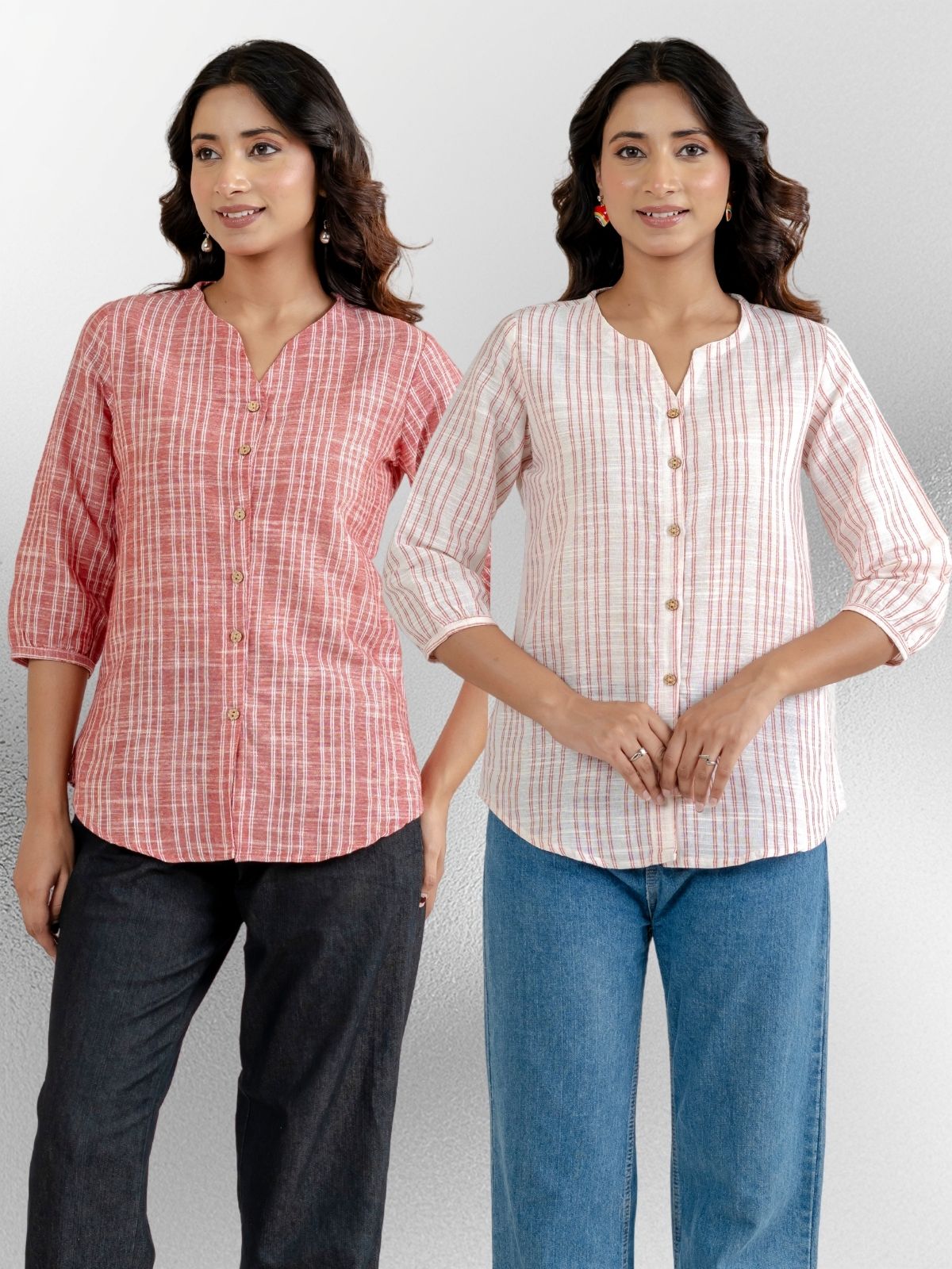 Dark Red & Light Pink Striped Shirts Combo