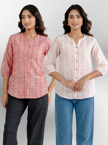 Dark Red & Light Pink Striped Shirts Combo