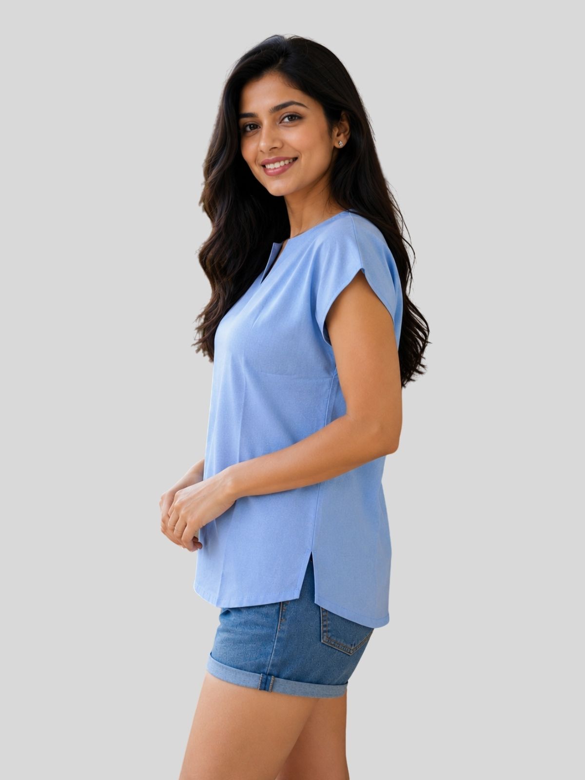 Beige & Dark Blue Cotton Blends Tops Combo