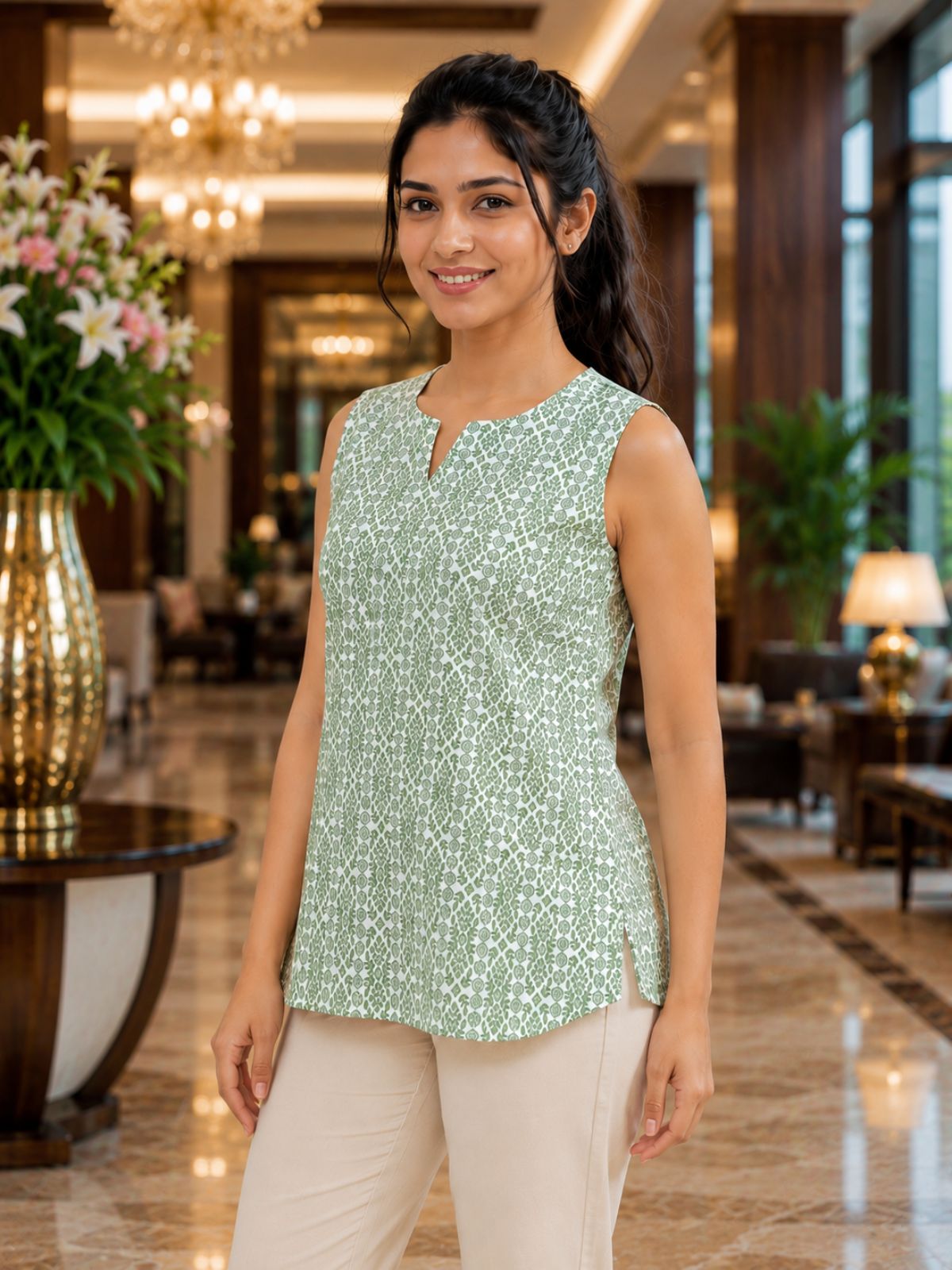 Green Printed Sleeveless Top