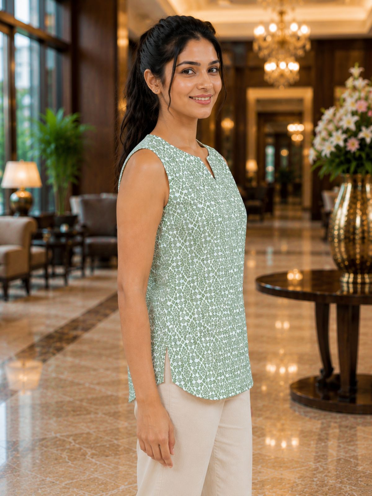 Green Printed Sleeveless Top
