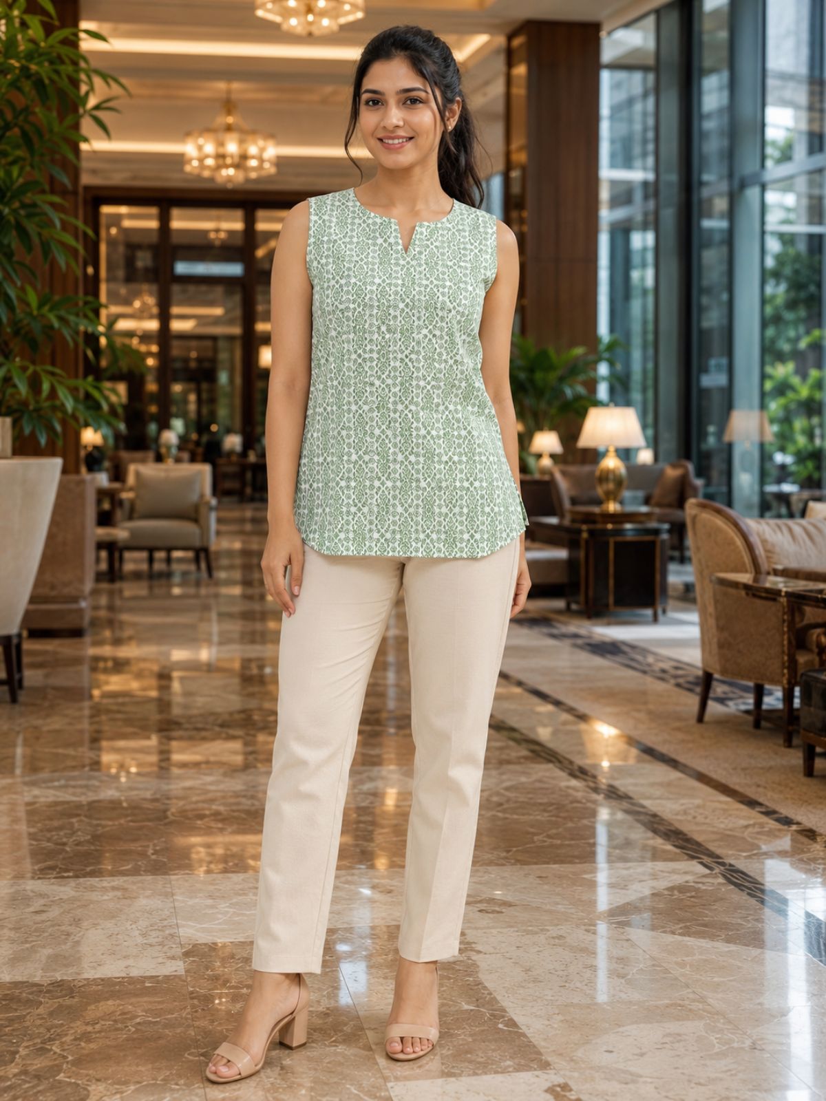 Green Printed Sleeveless Top