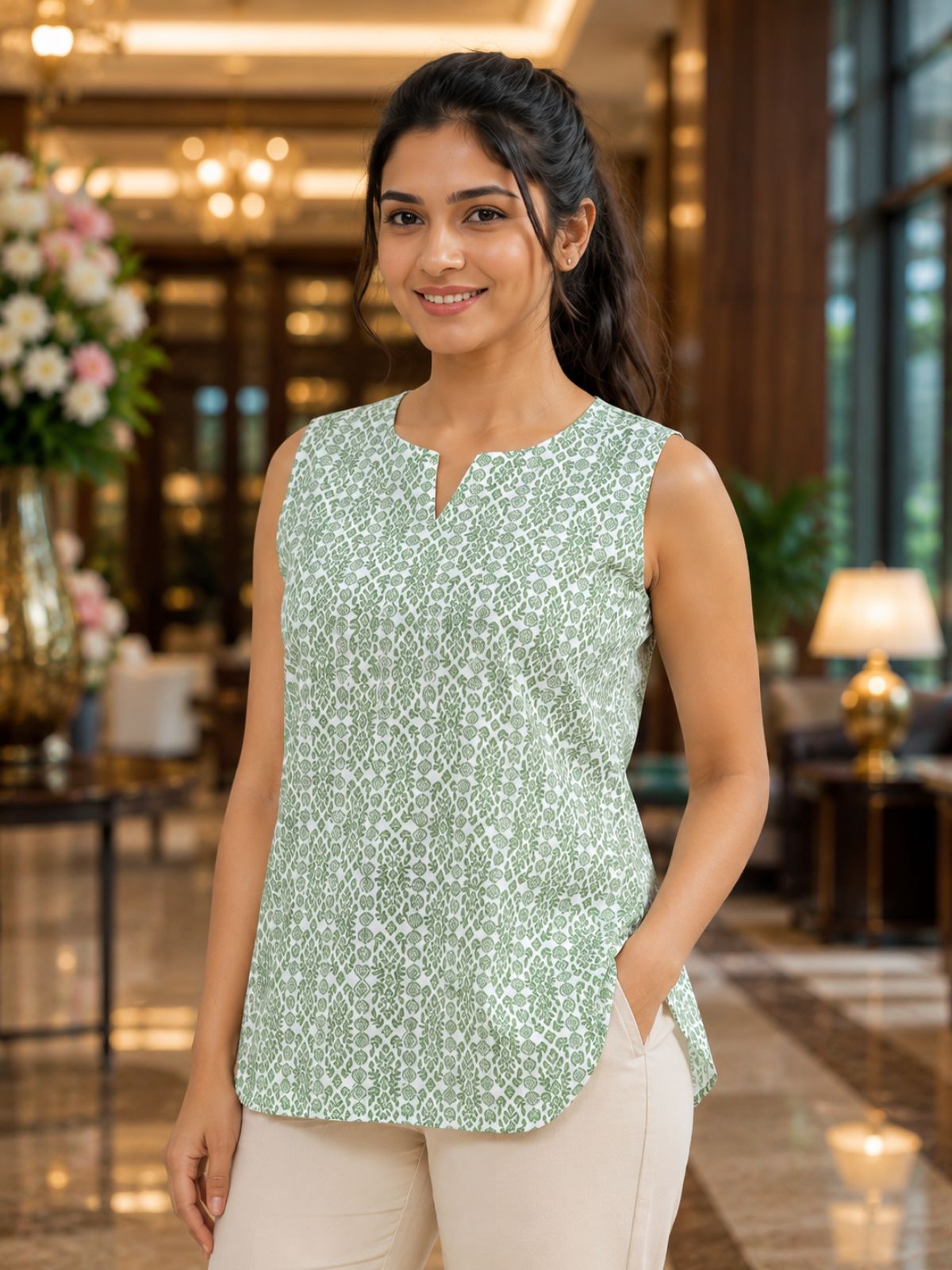 Green Printed Sleeveless Top