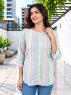 Green Rainbow Stripe Cotton Shirts