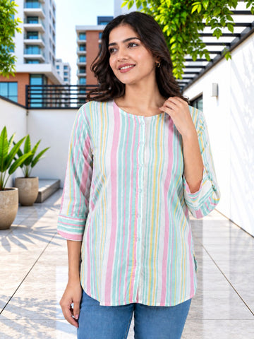 Green Rainbow Stripe Cotton Shirts