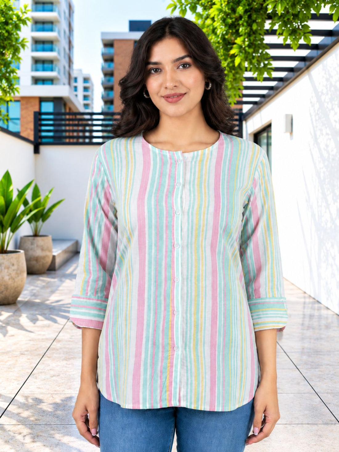 Green Rainbow Stripe Cotton Shirts