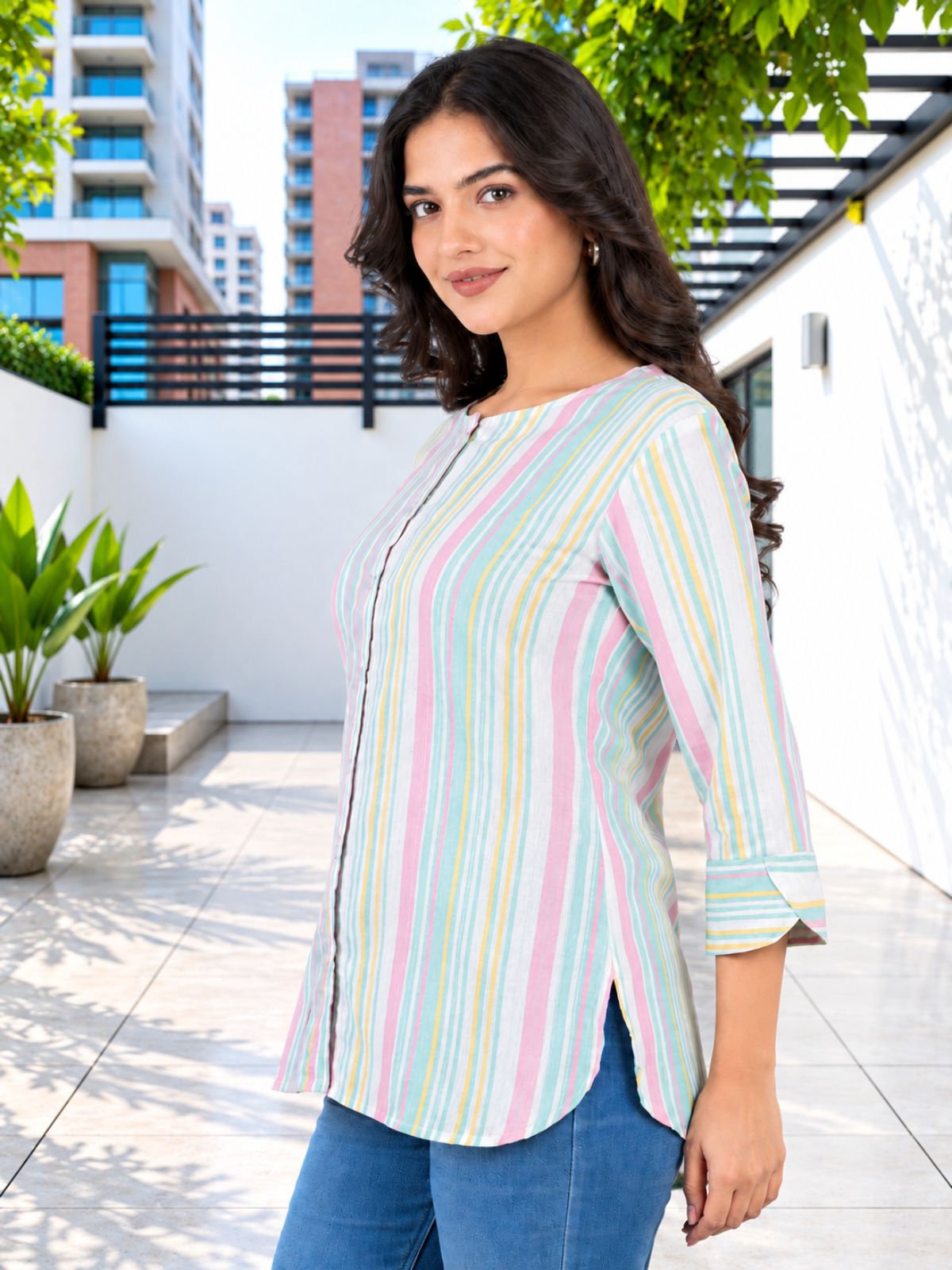 Green Rainbow Stripe Cotton Shirts