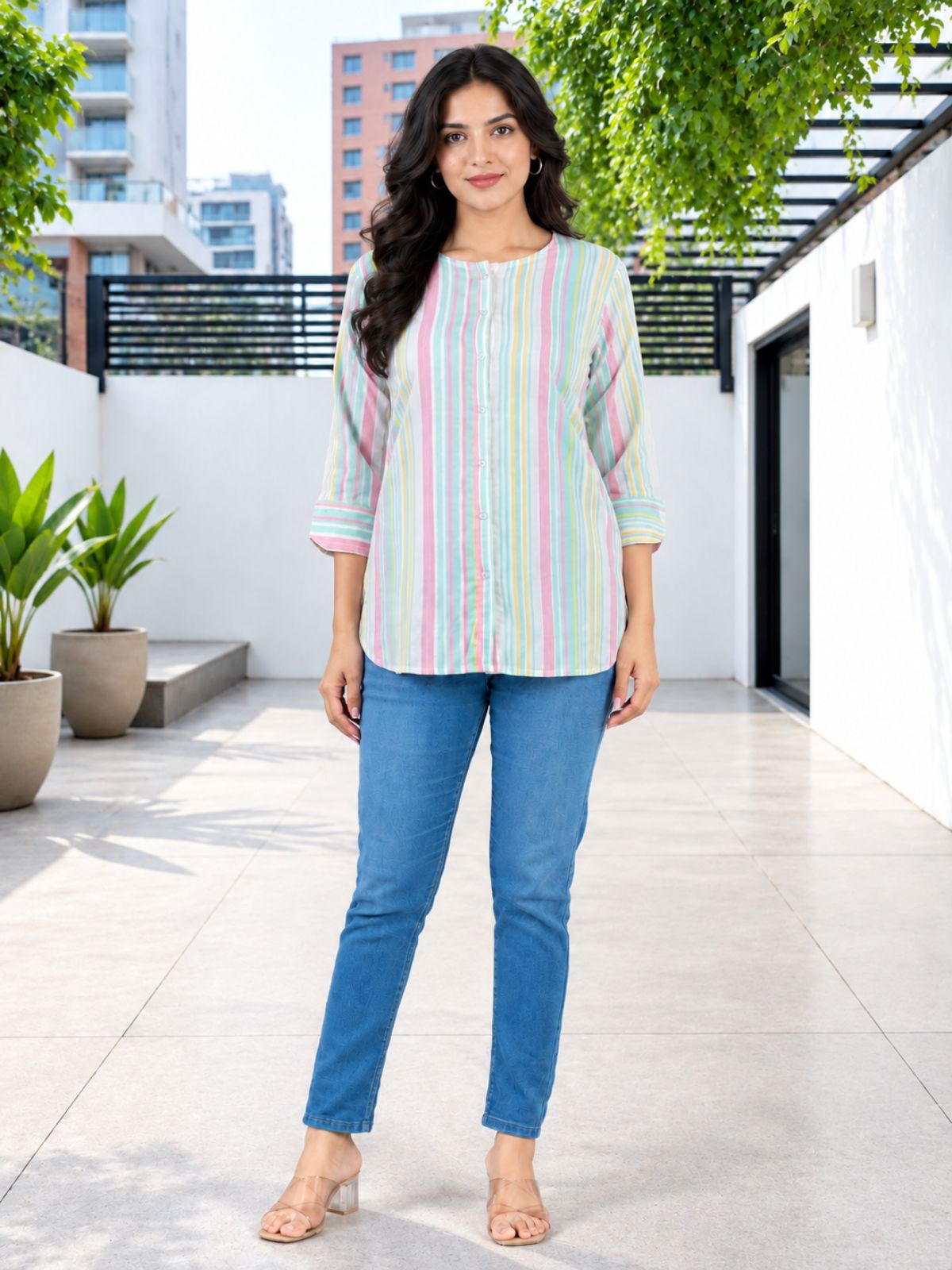 Green Rainbow Stripe Cotton Shirts