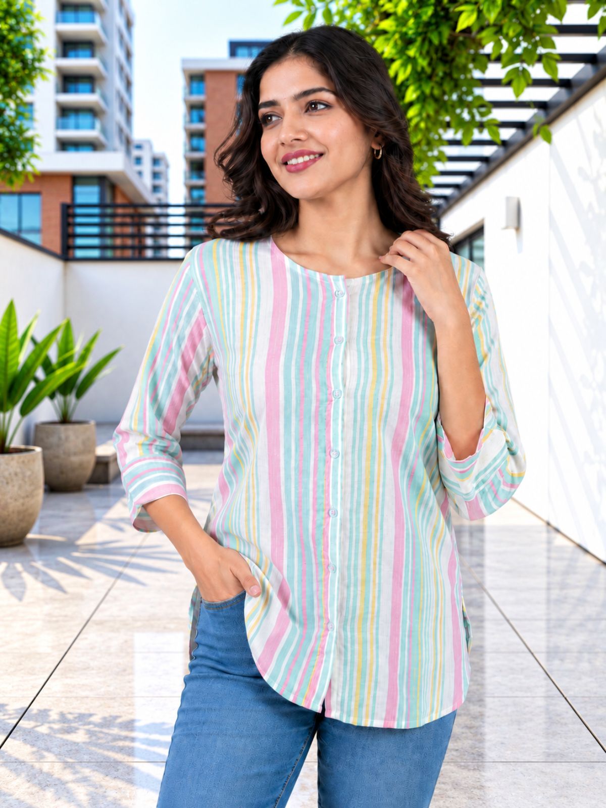 Green Rainbow Stripe Cotton Shirts