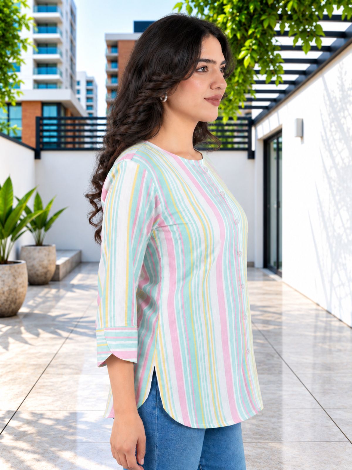 Green Rainbow Stripe Cotton Shirts