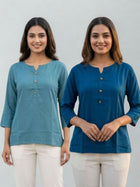 Women Light Grey & TealBlue Rayon Short Kurti