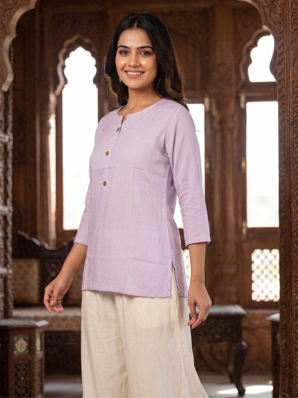 Women Light Purple Rayon Short Kurti