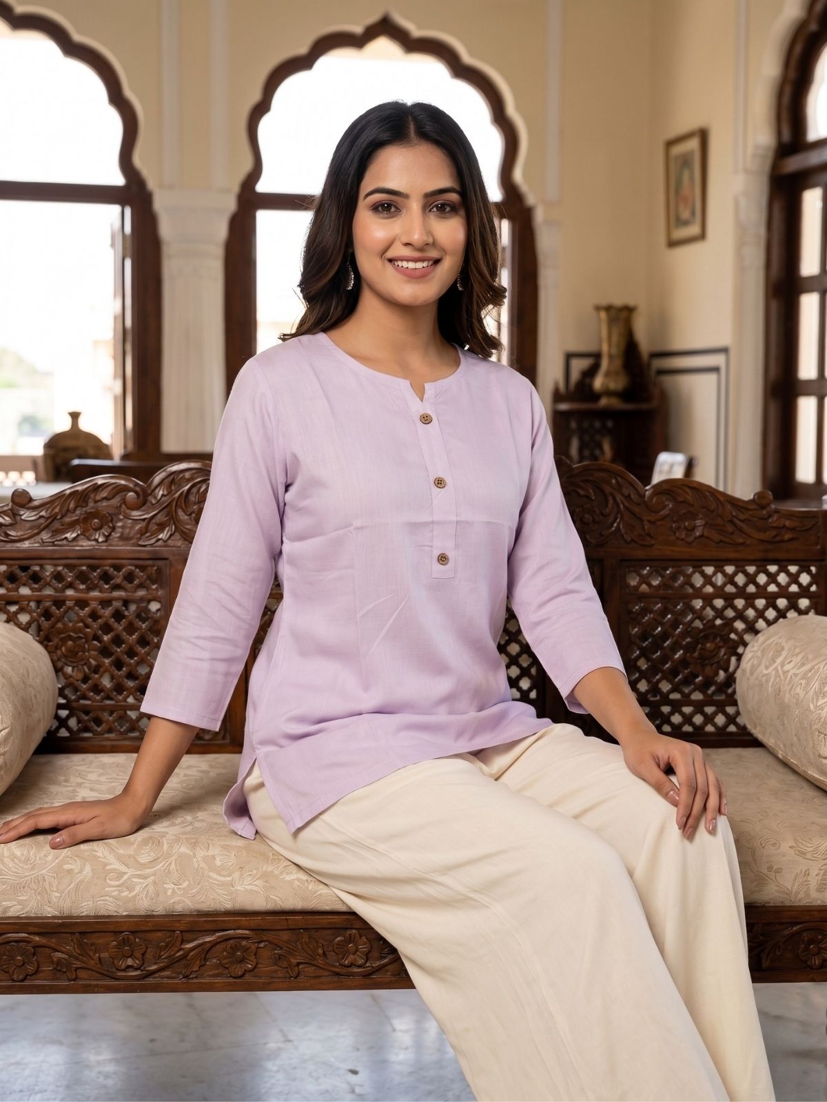 Women Light Purple Rayon Short Kurti