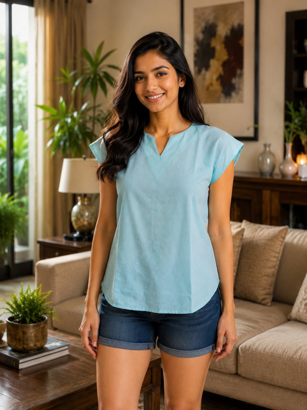 Light Green Cotton Blends Top