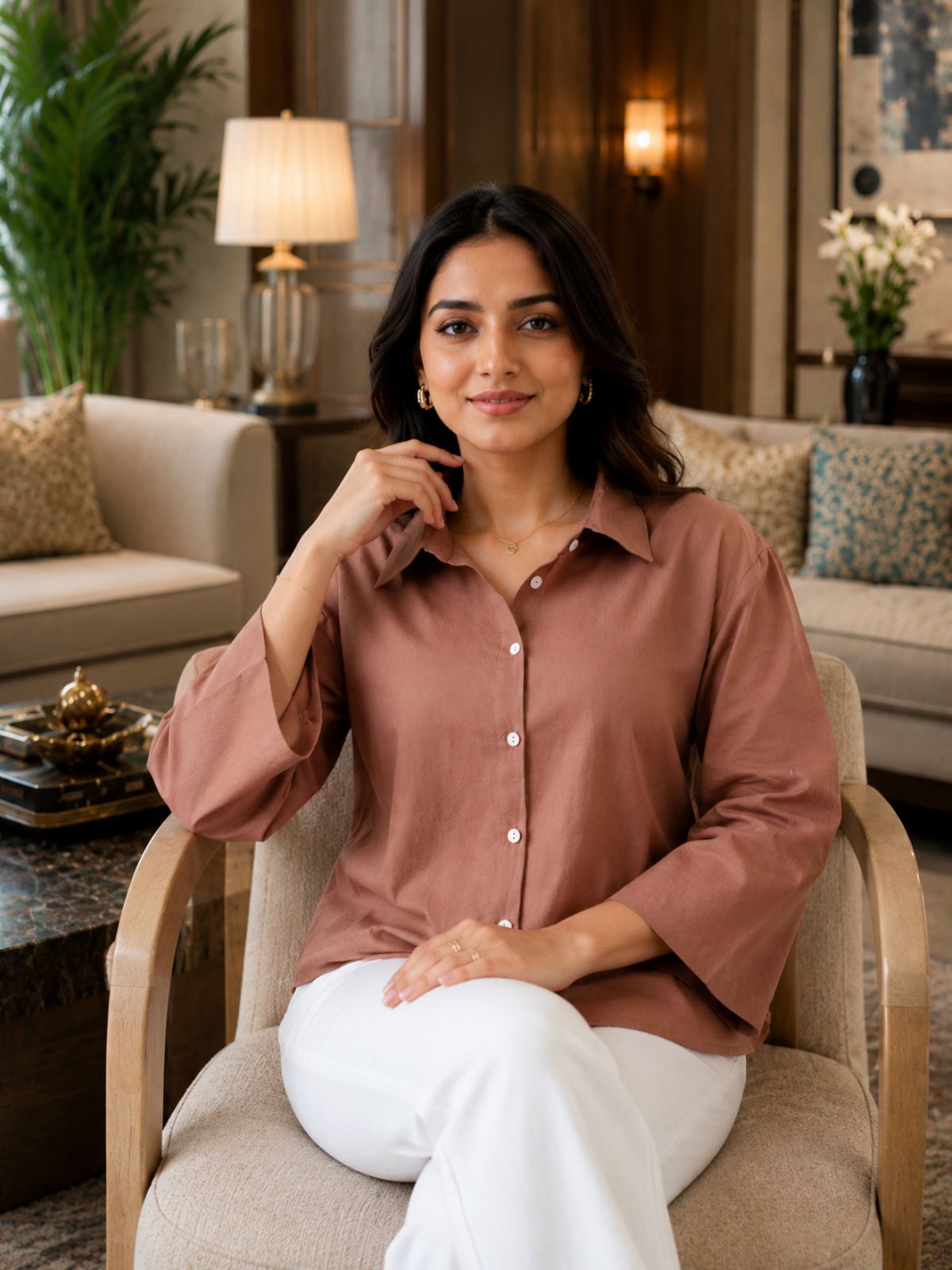 Light Brown Cotton bell Sleeves Shirts