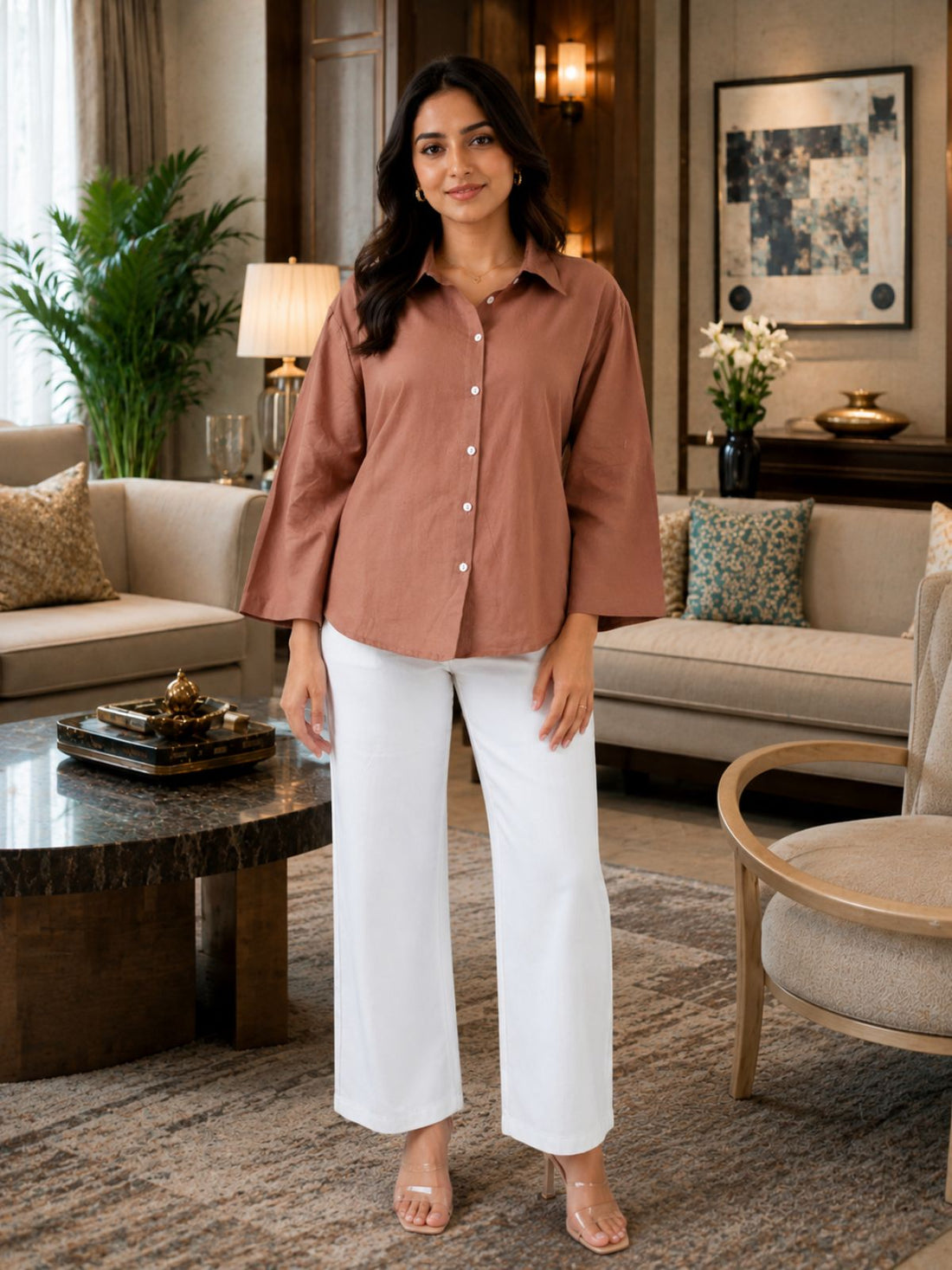 Light Brown Cotton bell Sleeves Shirts