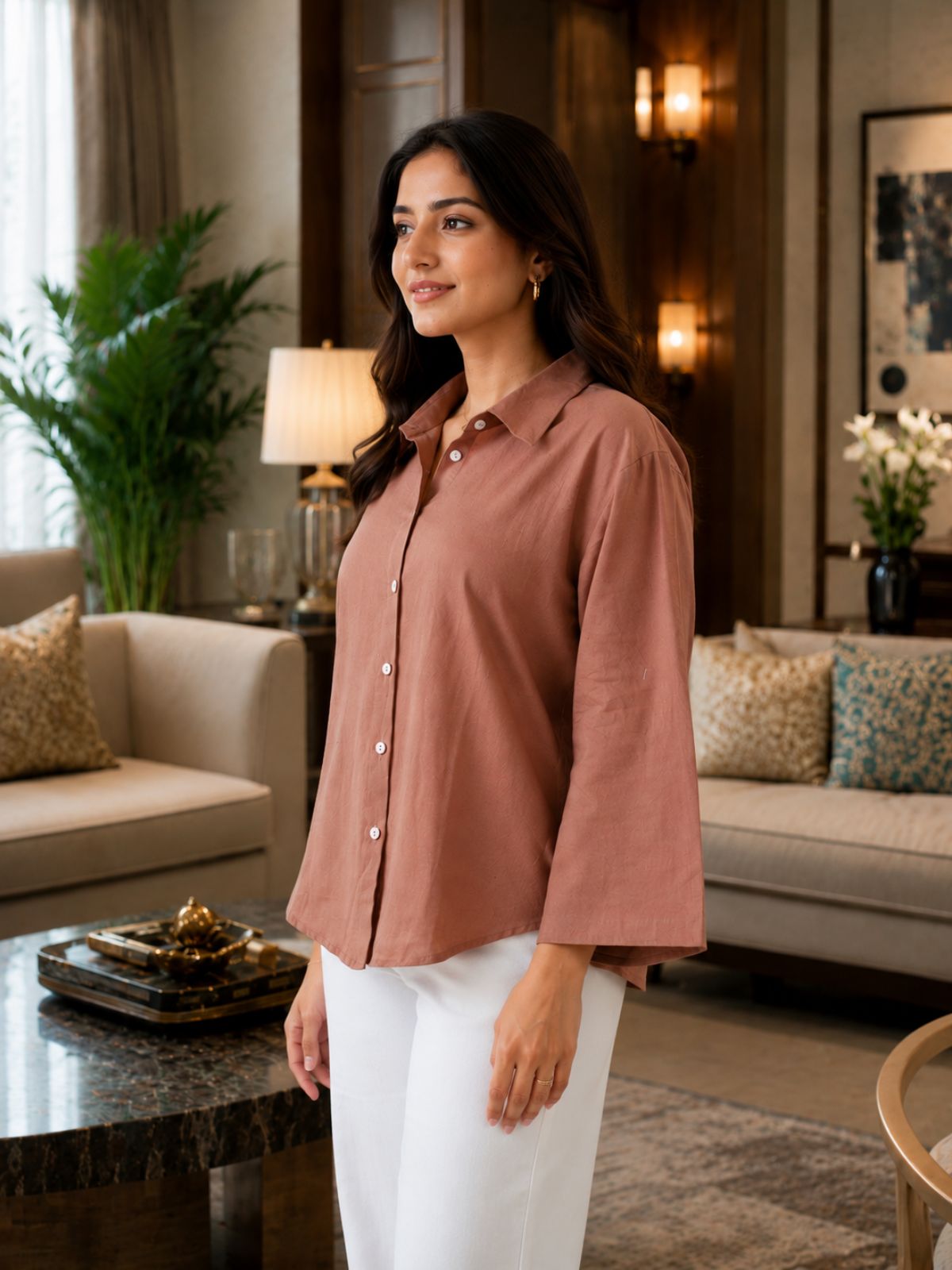Light Brown Cotton bell Sleeves Shirts