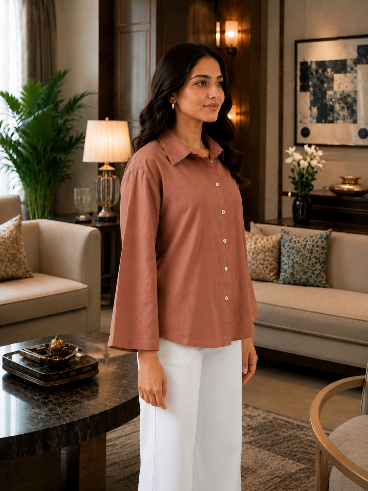 Light Brown Cotton bell Sleeves Shirts