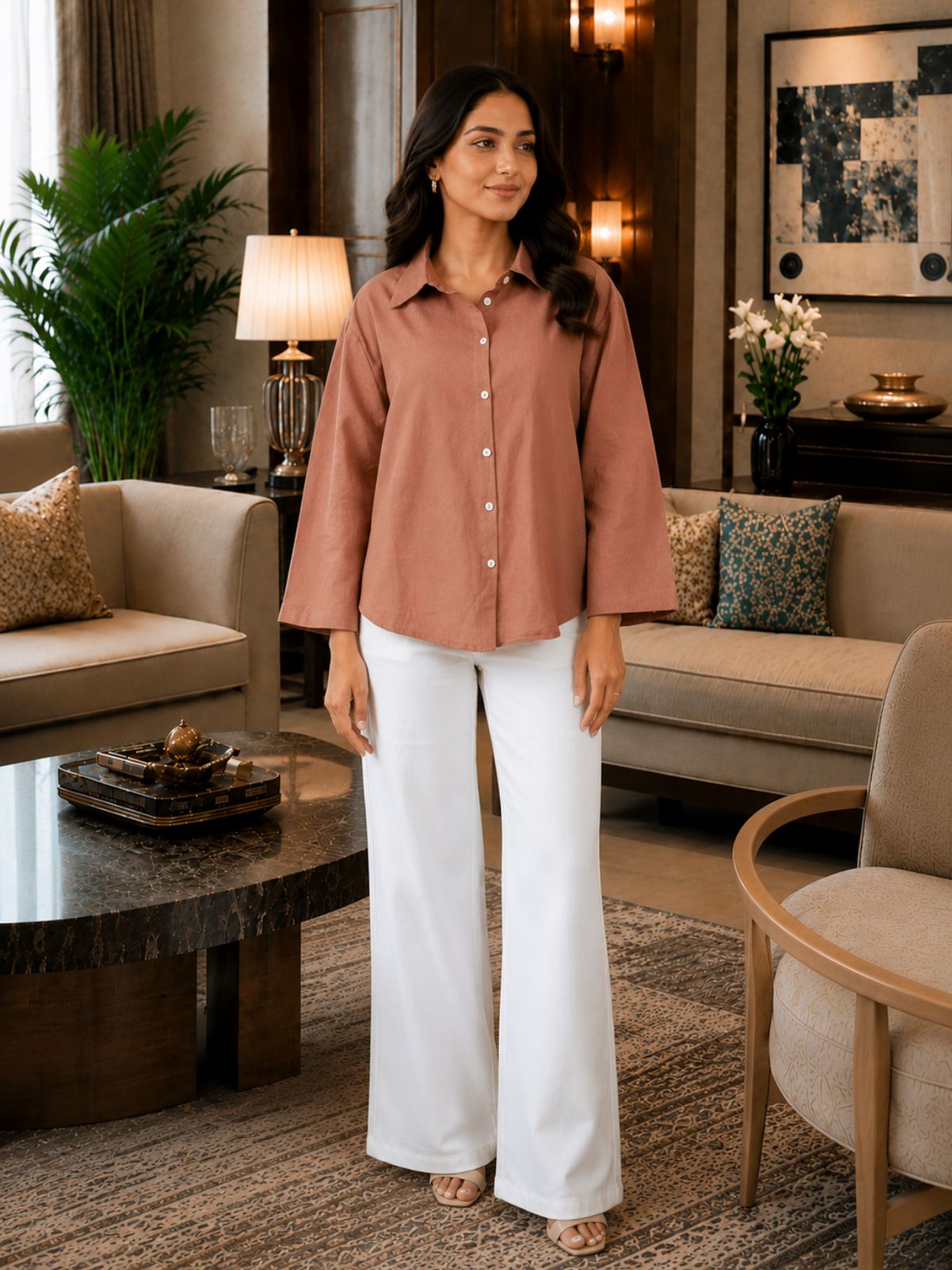 Light Brown Cotton bell Sleeves Shirts