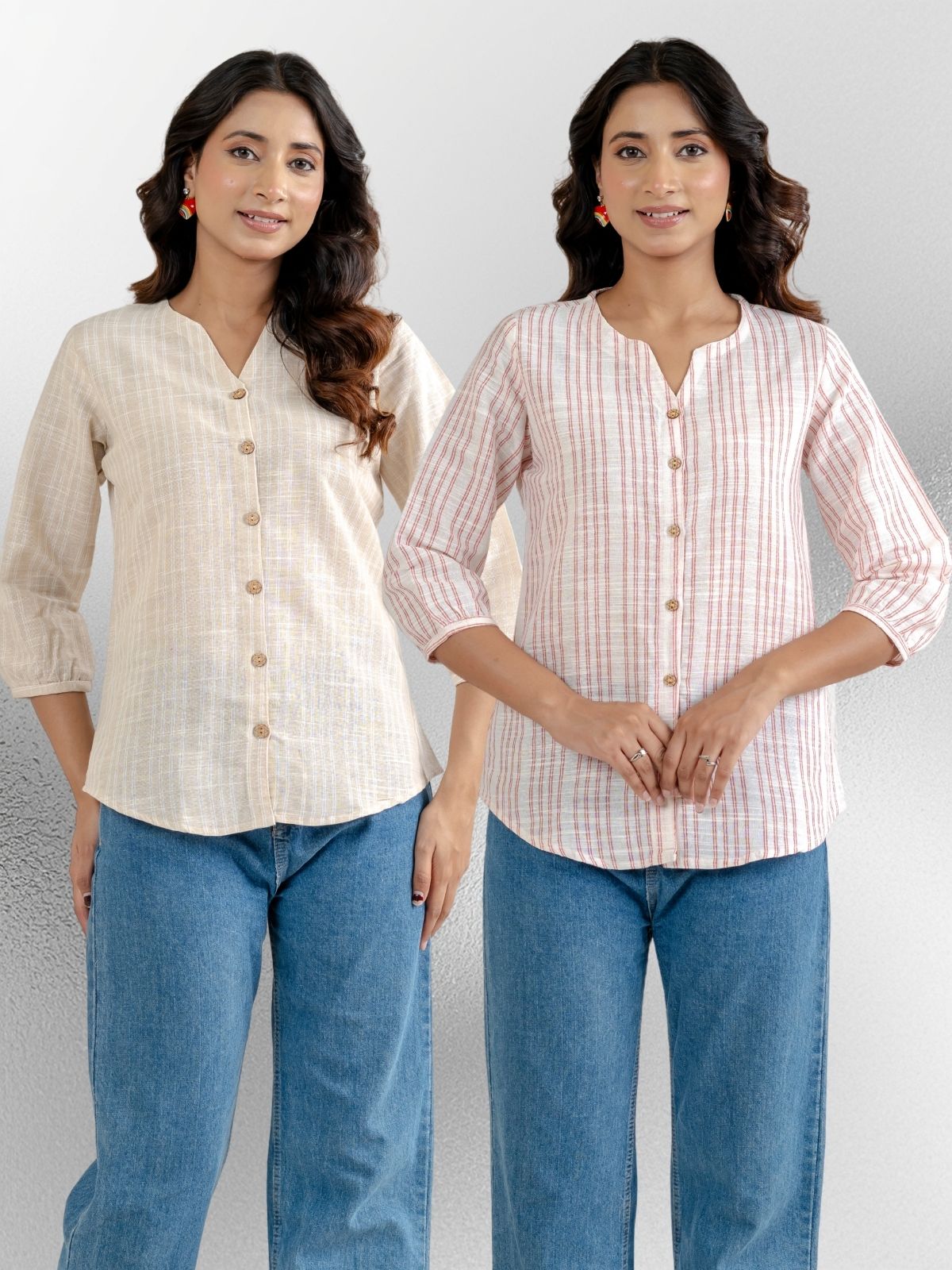 Light Brown & Light Pink Striped Shirts Combo