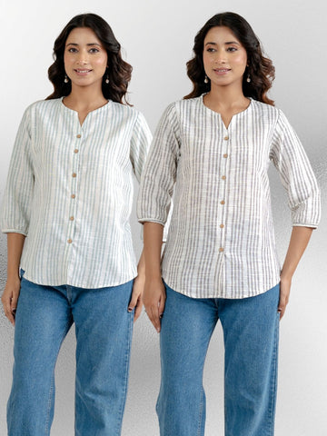 Light Green & Light Grey Striped Shirts Combo