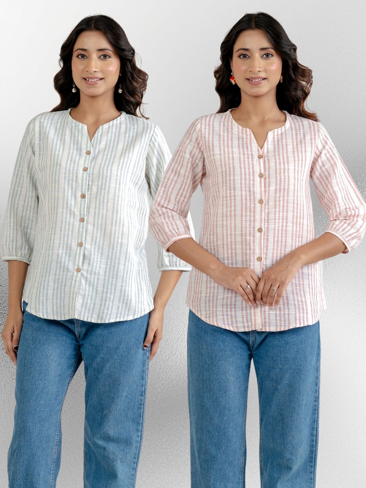 Light Green & Light Pink Striped Shirts Combo