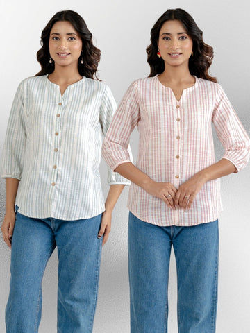 Light Green & Light Pink Striped Shirts Combo