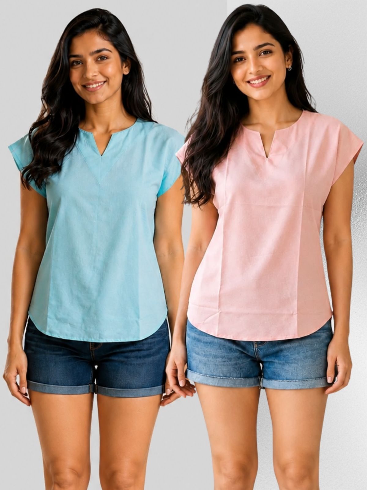 Light Green & Peach Cotton Blends Tops Combo