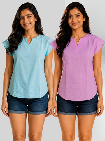 Light Green & Pink Cotton Blends Tops Combo