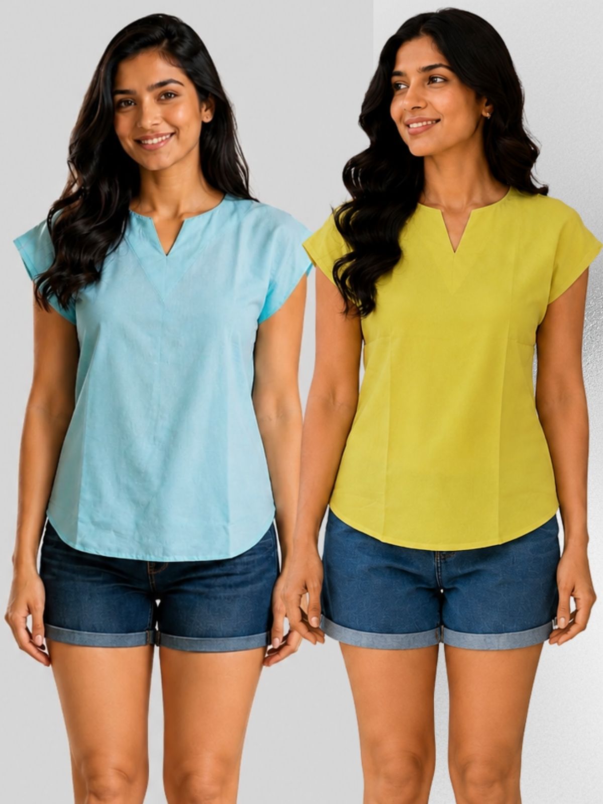 Light Green & Yellow Cotton Blends Tops Combo