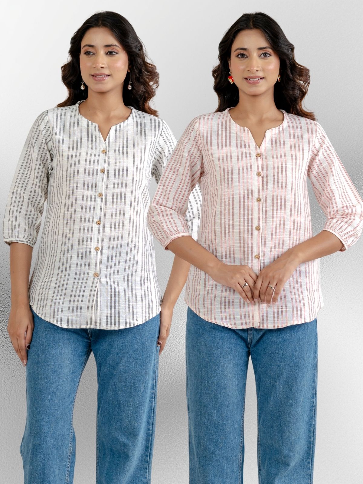 Light Grey & Light Pink Striped Shirts Combo
