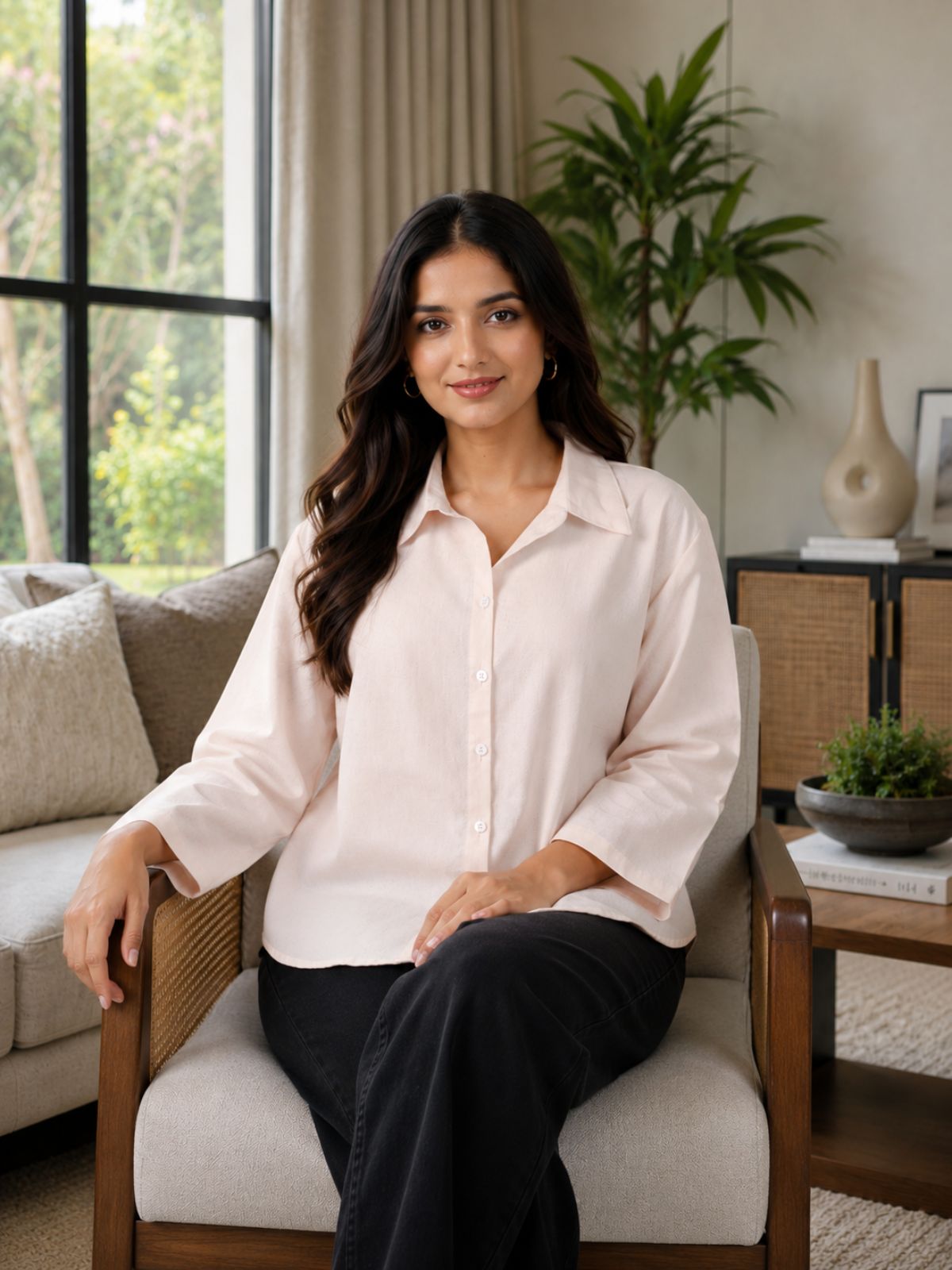 Light Pink Cotton bell Sleeves Shirts