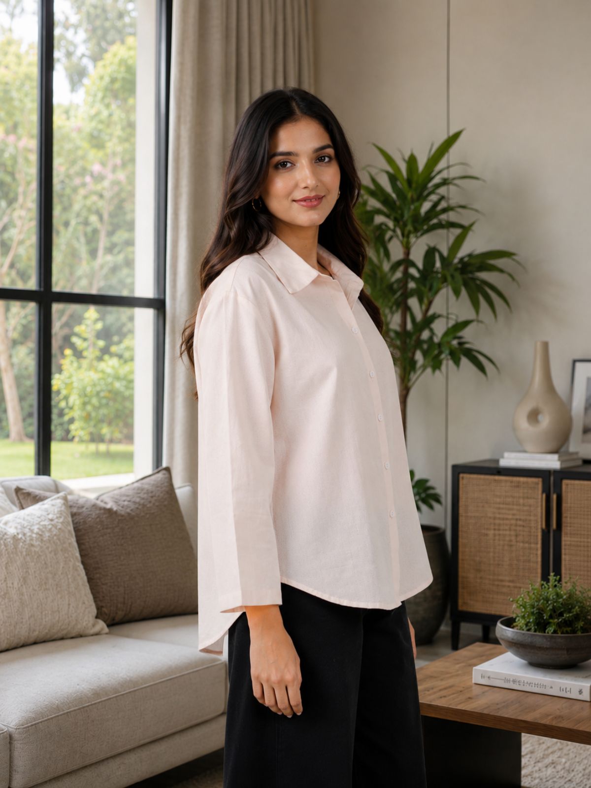 Light Pink Cotton bell Sleeves Shirts