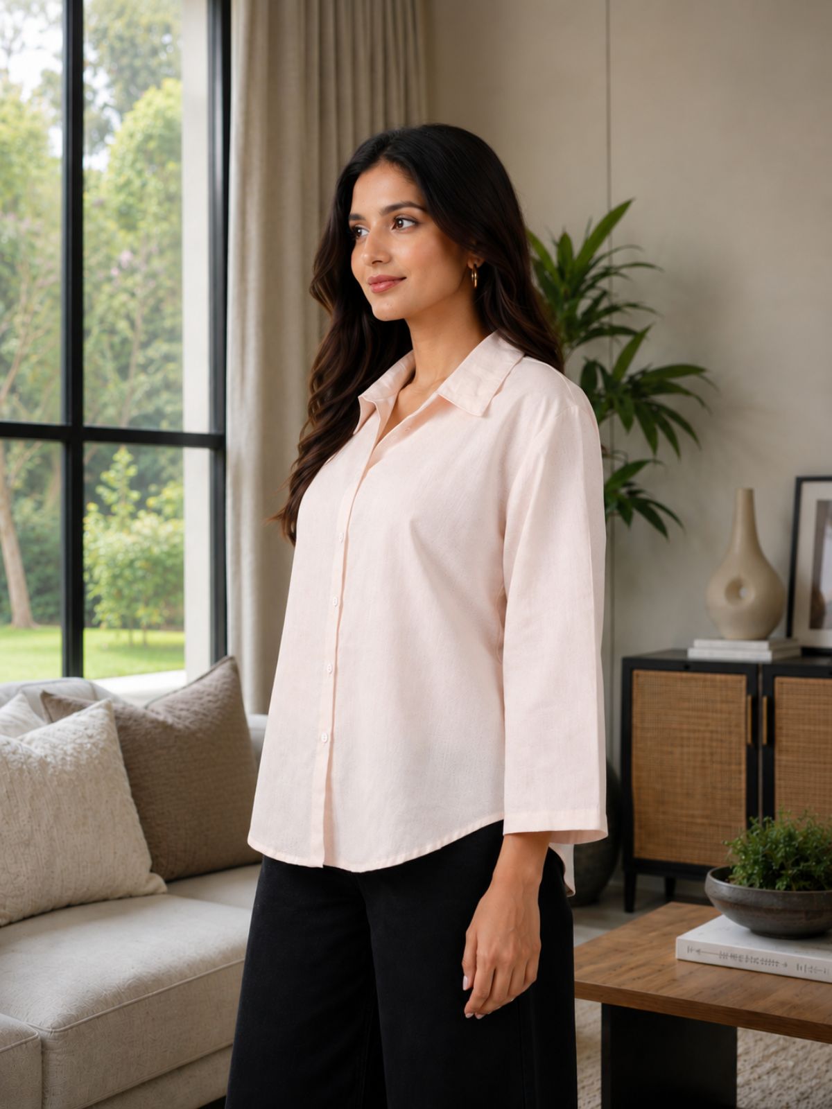 Light Pink Cotton bell Sleeves Shirts