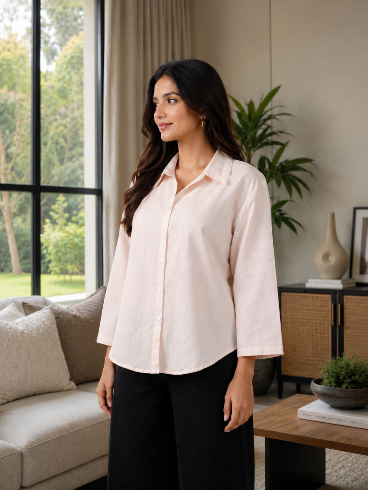 Light Pink Cotton bell Sleeves Shirts