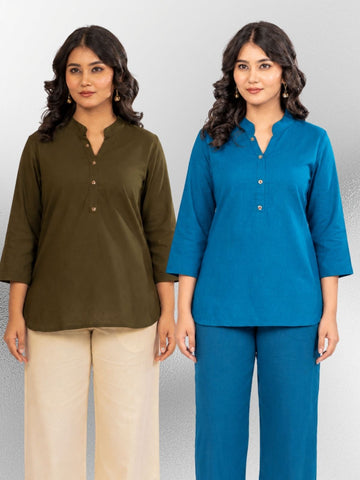 Mehndi & Turquoise Cotton Comfort Tops Combo