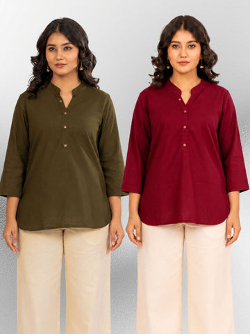 Mehndi & Wine Cotton Comfort Tops Combo