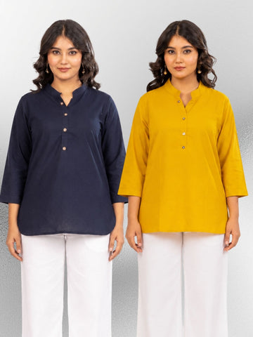 NavyBlue & Yellow Cotton Comfort Tops Combo